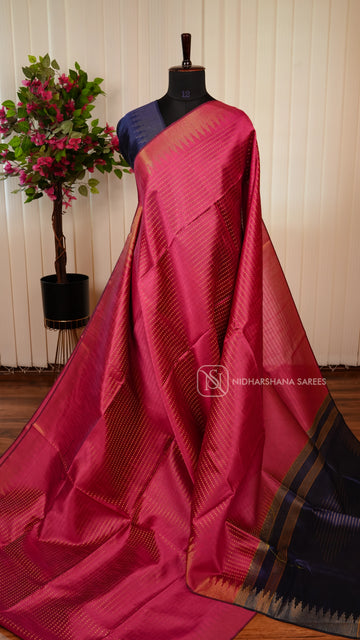 Semi Raw Silk With Star Butta And Zari Temple Weaving Border And Contrast Pallu