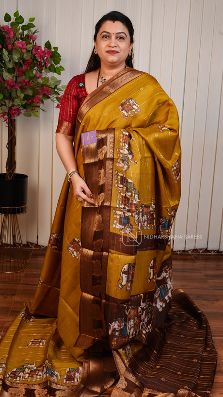 Semi Dola With Zari Lines And Elephant Digital Print And Zari Border