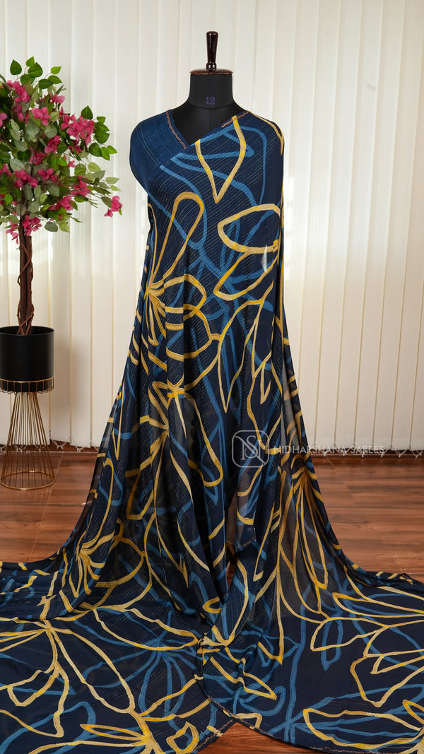 Semi Georgette With Zari Lines And Digital Print Concept