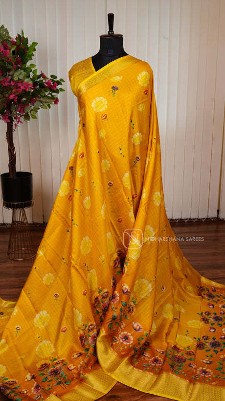 Semi Dola With Floral Digital Print And Zari Border