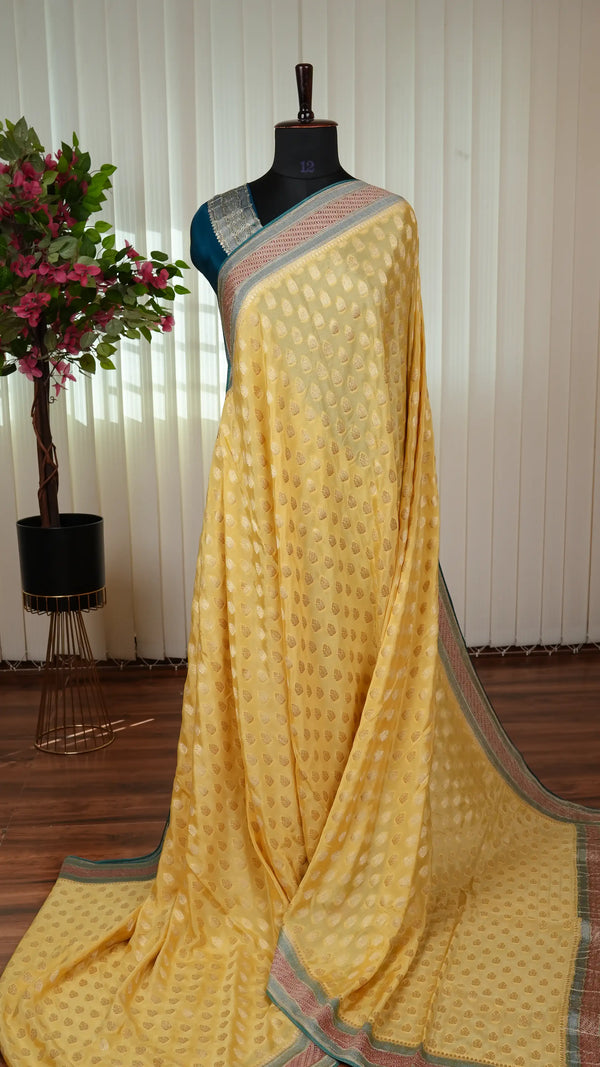 Semi Banarasi Crepe With Zari Butta And Contrast Zari Border