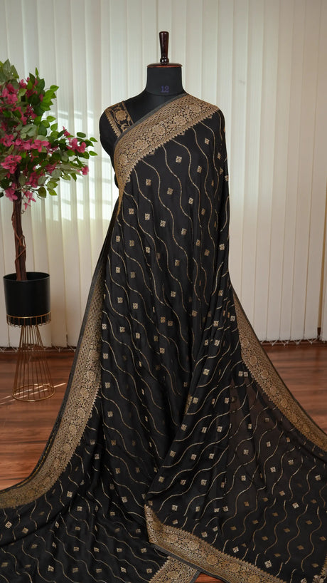 Viscose Crepe Silk With Matte Zari Lines Zari Butta And Zari Border