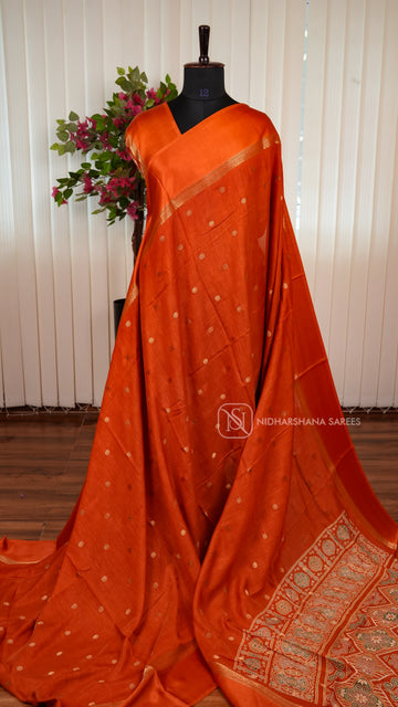 Tussar Georgette Saree With Zari Butta And Ajarak Printed Pallu