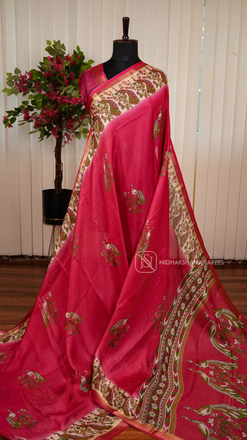 Muslin Georgette With Mini Zari Checks And Peacock Digital Print Border