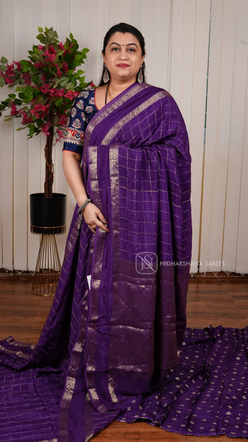 Viscose Georgette With Zari Checks And Gap Style Border