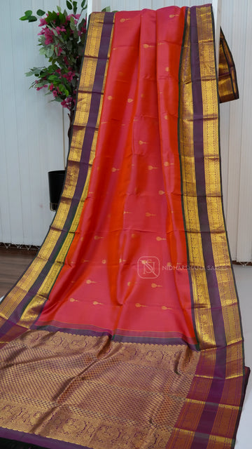 Pure Kanchipuram Silk With Floral Zari Butta And Peacock Weaving Gap Style Zari Border