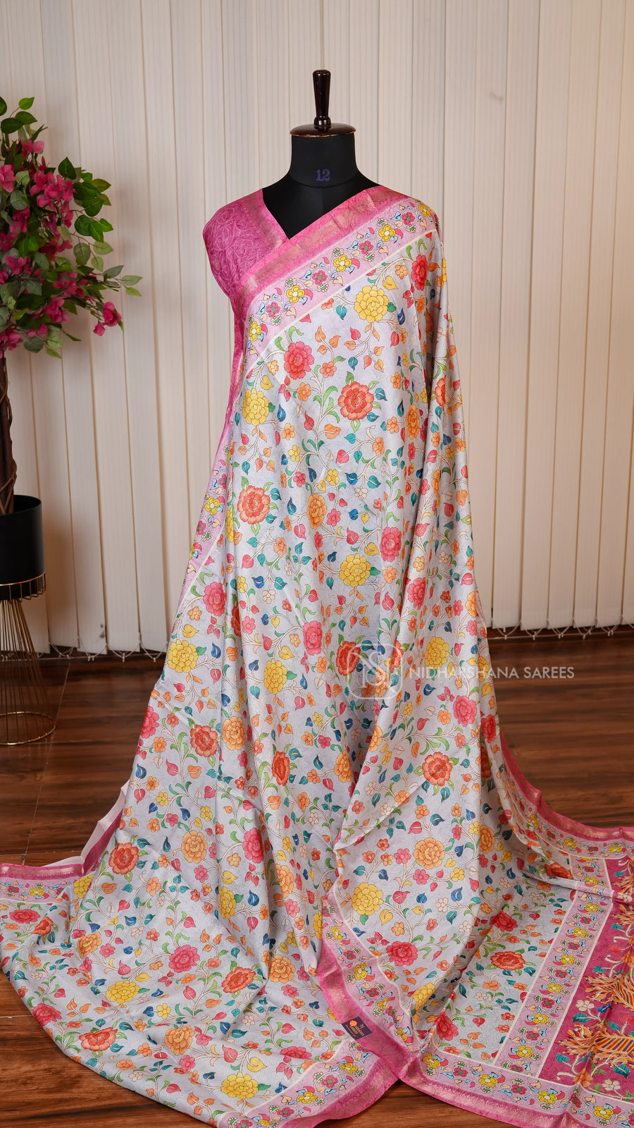 Semi Tussar With Floral Digital Print And Thread Emboss Concept