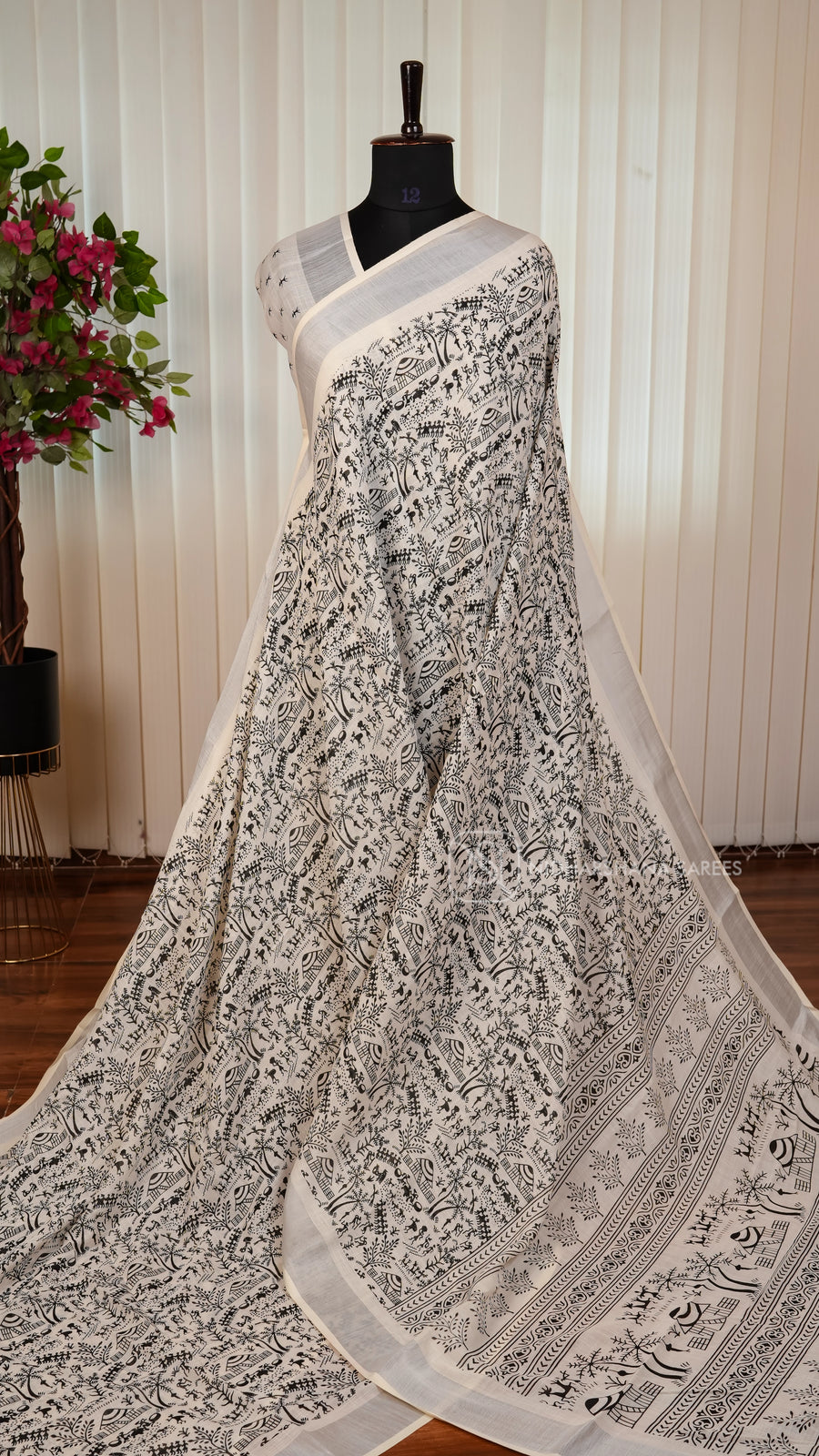 Linen Cotton With Warli Print And Zari Border