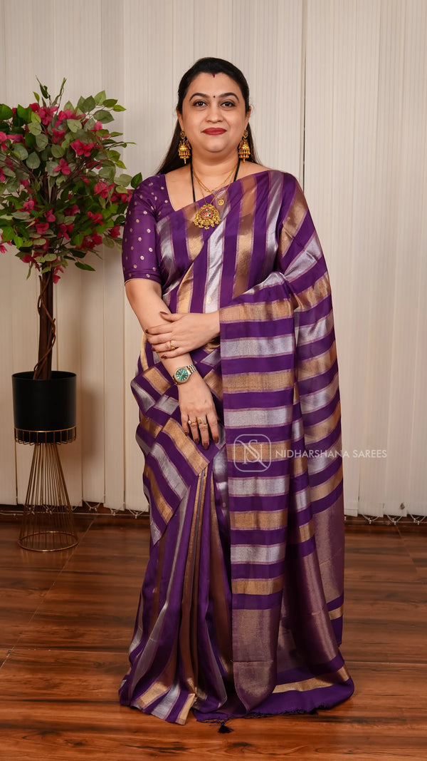 Light Weight Tissue By Semi Crepe Silk With Silver And Gold Zari Concept