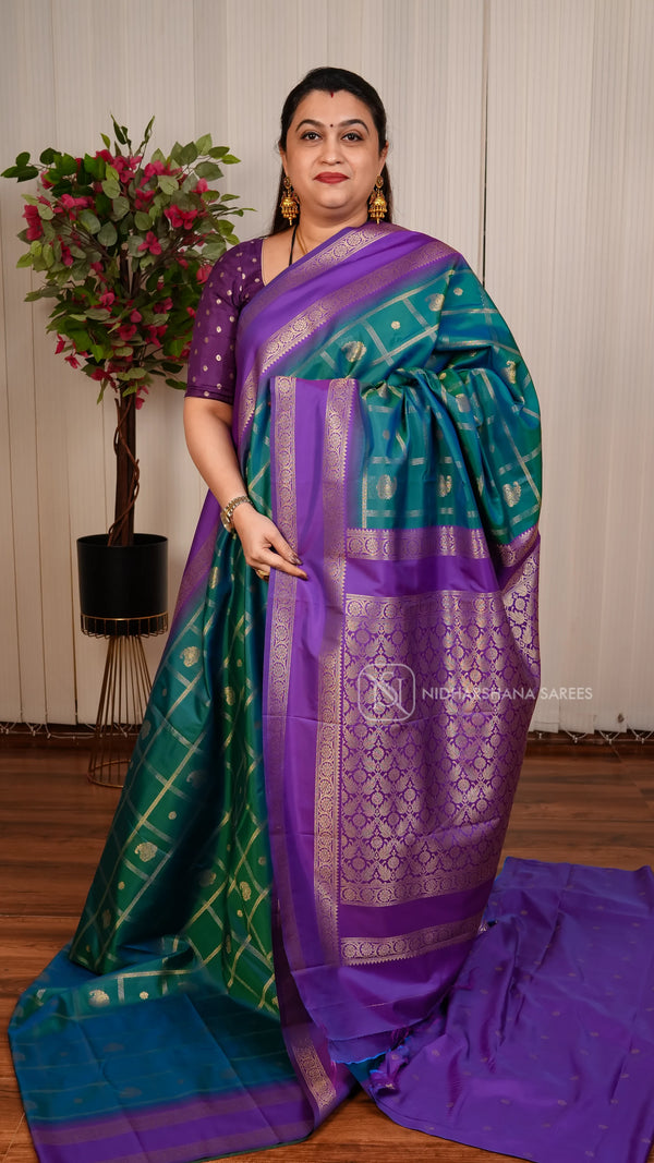 Soft Silk Semi Kanchipuram With Big Zari Checks And Contrast Gap Style Border
