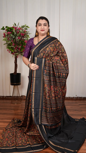 Semi Matka Tussar With Floral Digital Print And Gap Style Border