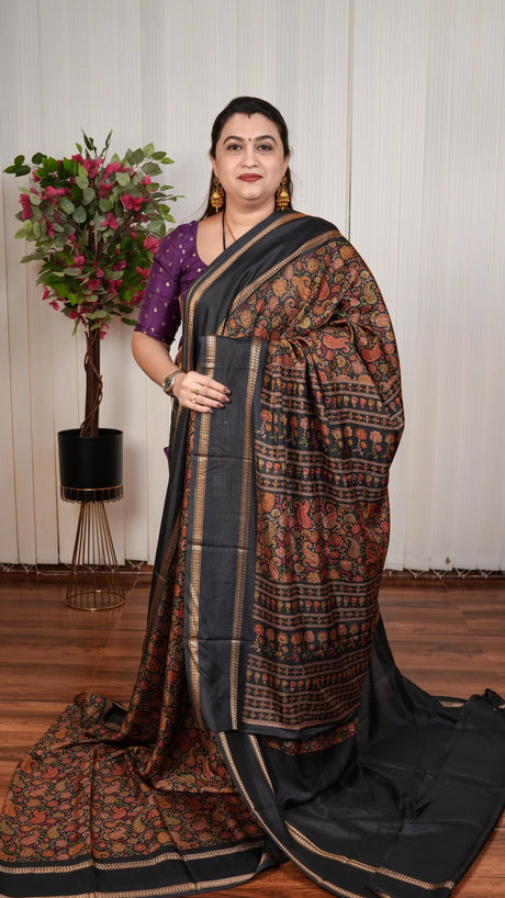Semi Matka Tussar With Floral Digital Print And Gap Style Border