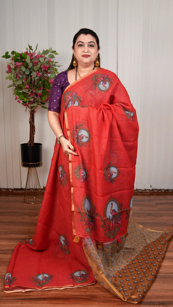 Linen Cotton With Hathi kalamkari Print