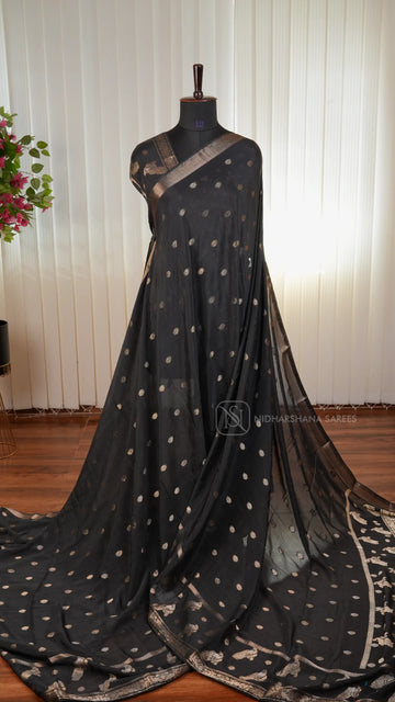 Premium Crepe Silk Saree With Zari Butta And Peacock Butta Border