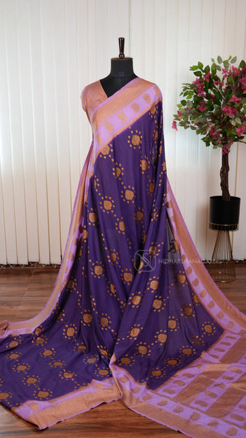Semi Mysore Crepe Silk Saree With Antic Zari Woven Butta And Gap Style Border