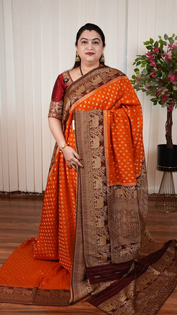 Semi Georgette Saree With Zari Butta And Elephant Weaving Contrast Border