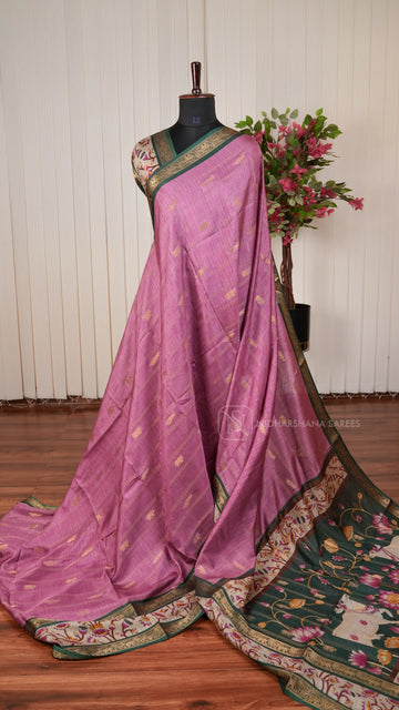 Tussar Cotton With Zari Peacock And Elephant Motifs And Pichwai Print Border