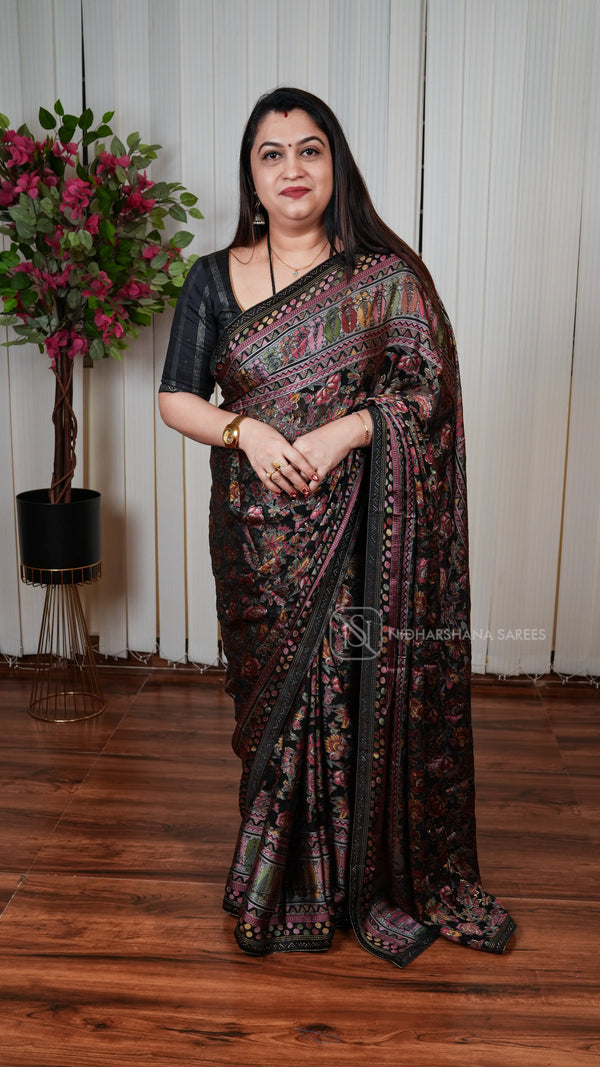 Georgette Brasso With Floral Foil Print Concept And Swaroski Stone Concept