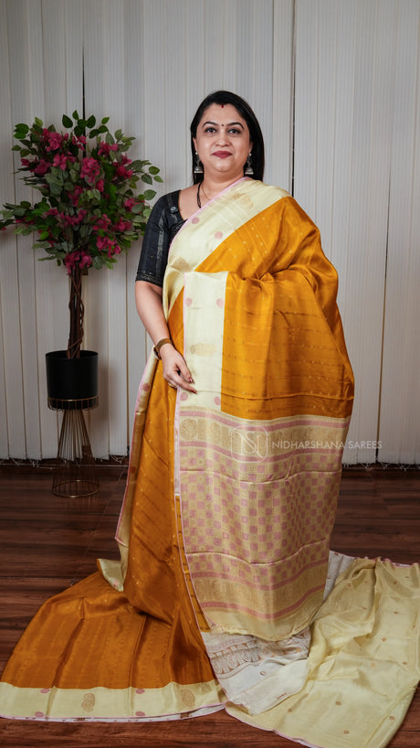 Pure Viscose Crepe With Zari Butta And Mango Motif COntrast Border