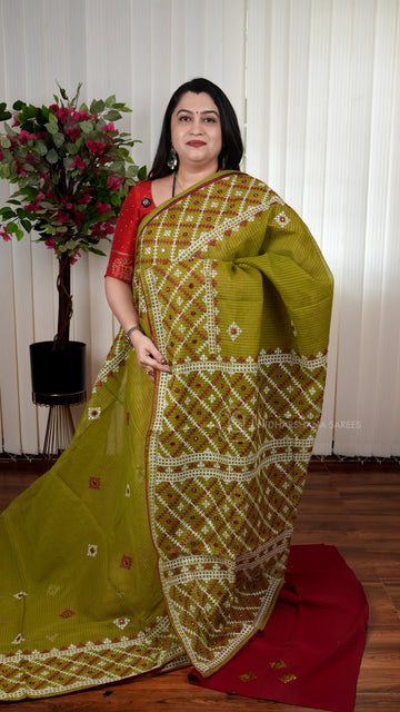 Kota Cotton Saree with Kutch Embroidery And Mirror Work