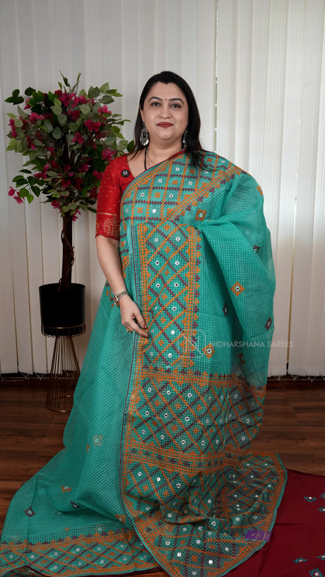 Kota Cotton Saree with Kutch Embroidery And Mirror Work