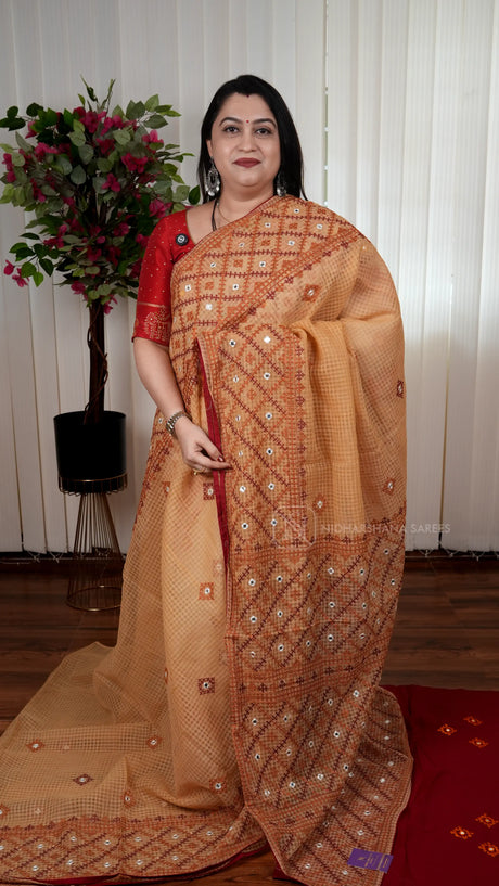 Kota Cotton Saree with Kutch Embroidery And Mirror Work