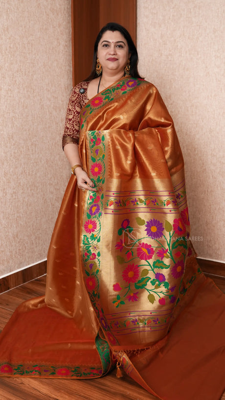 Tissue Paithani Silk Saree With Elegant Geometric Border & Floral Design