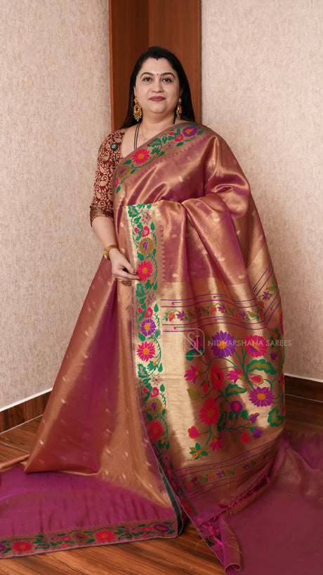 Tissue Paithani Silk Saree With Elegant Geometric Border & Floral Design