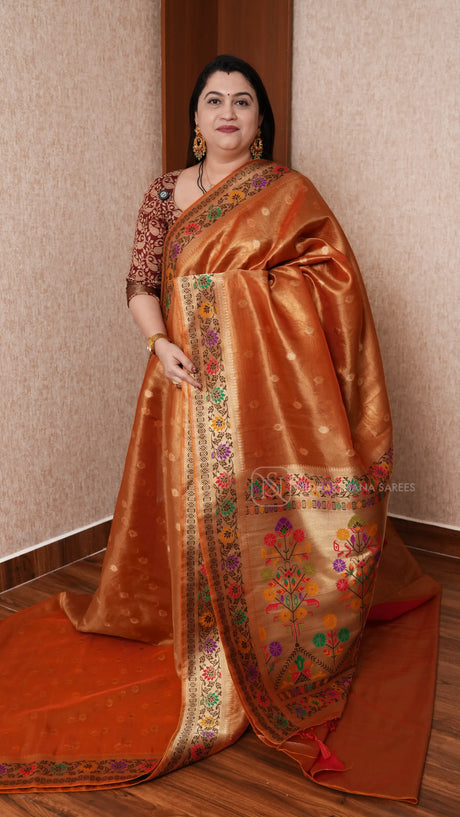 Tissue Paithani Silk Saree With Elegant Geometric Border & Floral Design