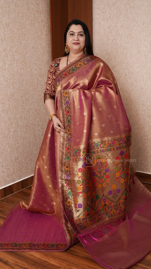 Tissue Paithani Silk Saree With Elegant Geometric Border & Floral Design