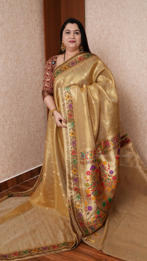 Tissue Paithani Silk Saree With Elegant Geometric Border & Floral Design