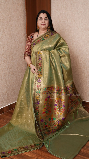 Tissue Paithani Silk Saree With Elegant Geometric Border & Floral Design
