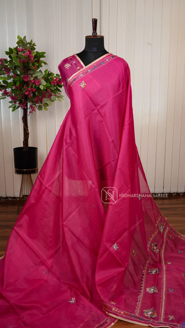 Semi Kota Saree With Thread Embroidery Butta And Katha Stitch Concept