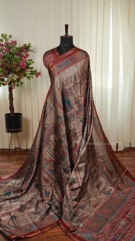 Tussar Silk Saree With Printed Concept And Ribbon Style Zari Border