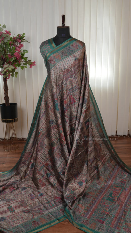 Tussar Silk Saree With Printed Concept And Ribbon Style Zari Border