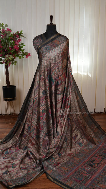 Tussar Silk Saree With Printed Concept And Ribbon Style Zari Border