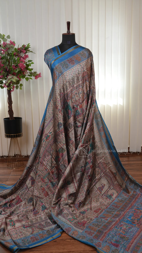 Tussar Silk Saree With Printed Concept And Ribbon Style Zari Border