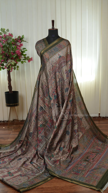 Tussar Silk Saree With Printed Concept And Ribbon Style Zari Border