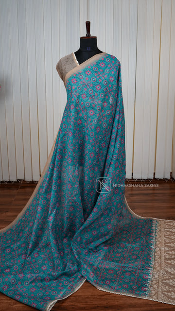 Semi Chanderi Saree With Ajarak Printed Concept And Lace Work Border