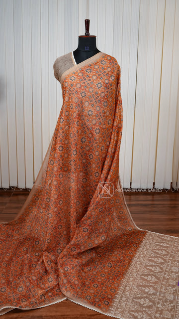 Semi Chanderi Saree With Ajarak Printed Concept And Lace Work Border