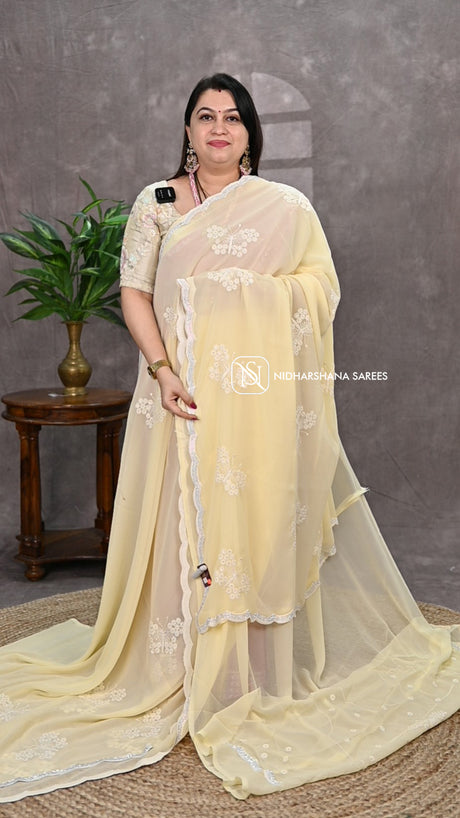 Premium Georgette With Floral Embroidery And Stone Cut Work Border