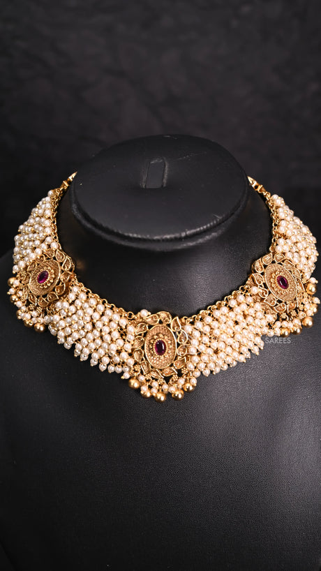Elegant Gold Pearl Choker Necklace