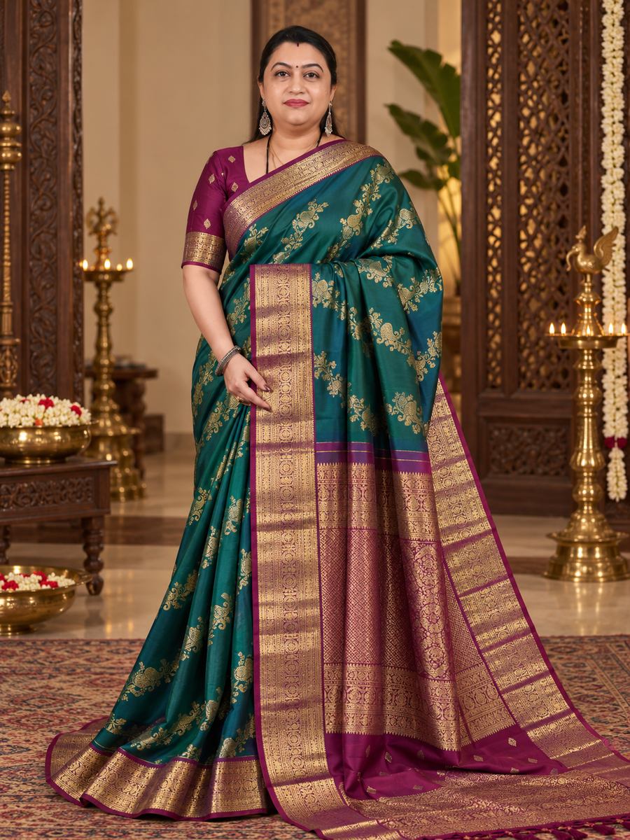 Pure Kanchipuram Silk Saree With Mango Motif And Lehariya Concept Zari Weaving And Contrast Zari Border