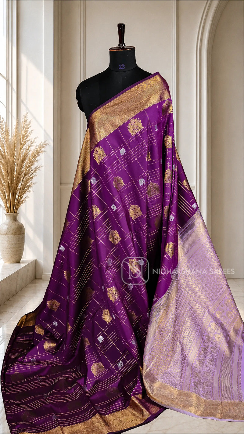Semi Kanchipuram Silk With Zari Checks And Silver Peacock Motif