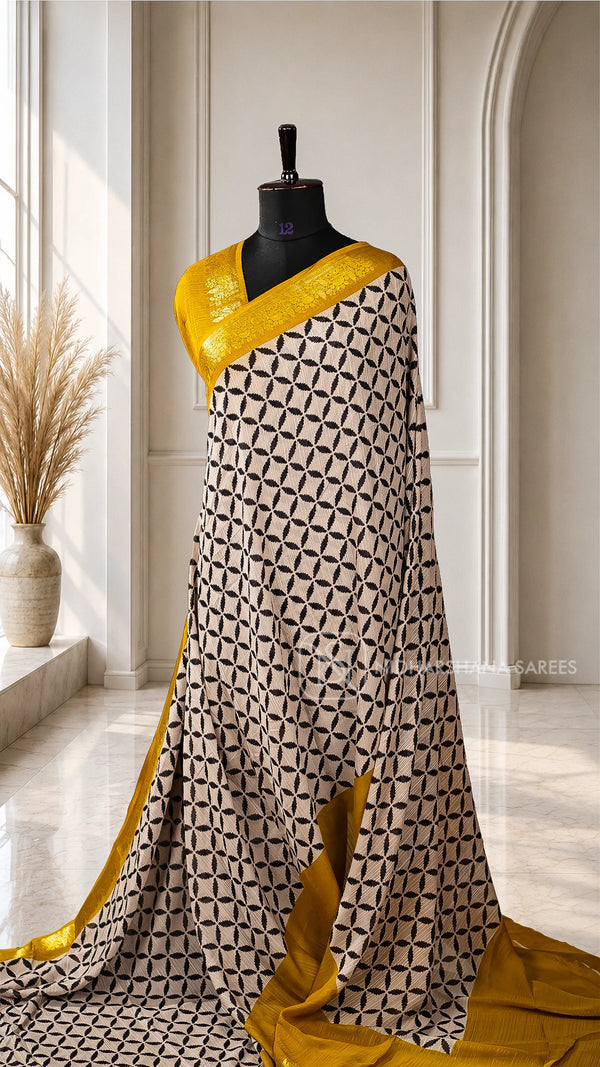 Semi Georgette With Ikkat Print And Zari Border