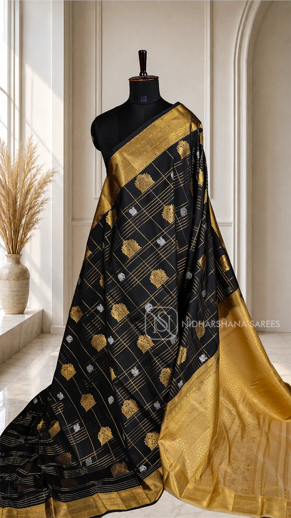 Semi Kanchipuram Silk With Zari Checks And Silver Peacock Motif Concept