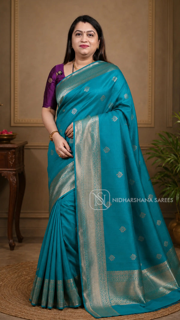 Semi Kanchipuram Silk With Zari Butta And Zari Border