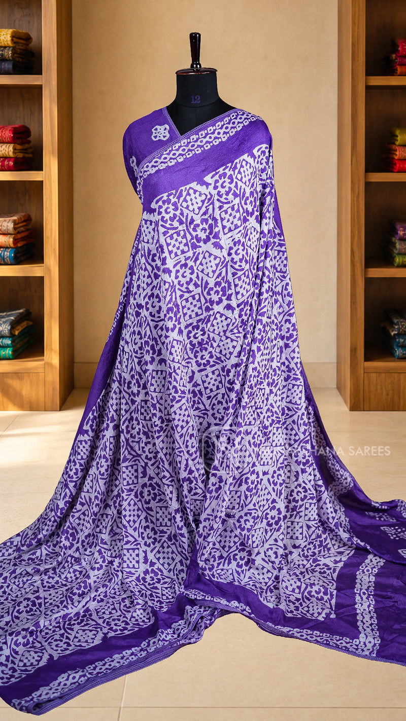 Chanderi Cotton With Batic Print And Lace Border