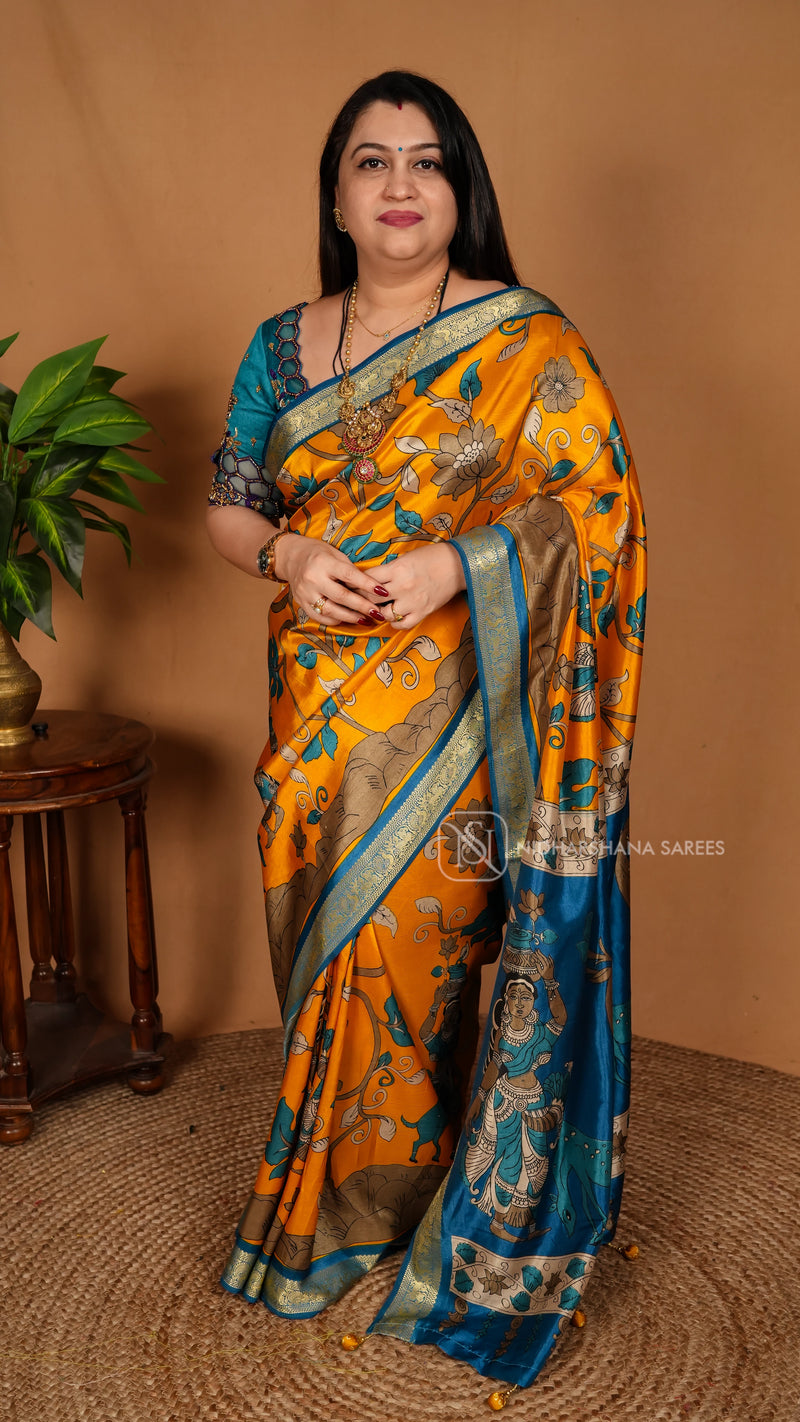 Semi Crepe With Kalamkari Print And Contrast Zari Border