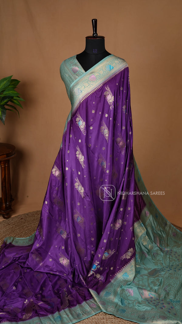Semi Satin Silk With Zari Weaving And Contrast Border